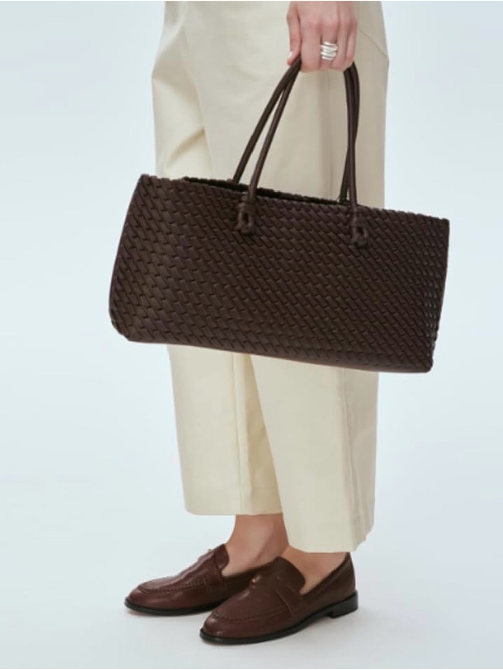 Woven Leather Tote Bag in Dark Brown